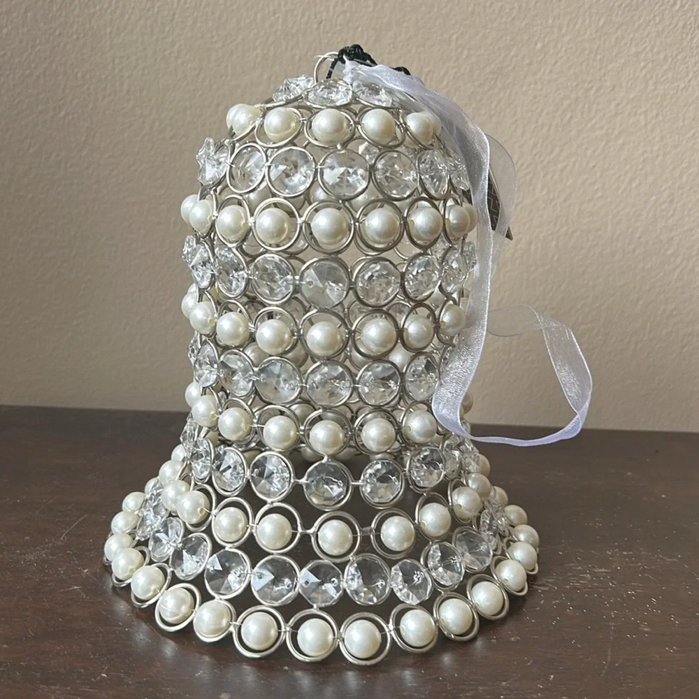 Rachel Zoe Faux Rhinestone & Pearl Christmas Bell New Silver White 8” Tall - Picture 1 of 2
